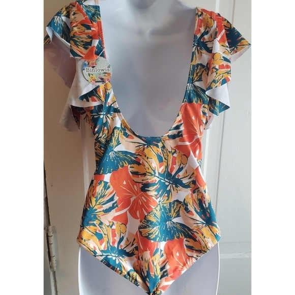 Binlowis Deep V Neck Flounce One Piece - Picture 8 of 13